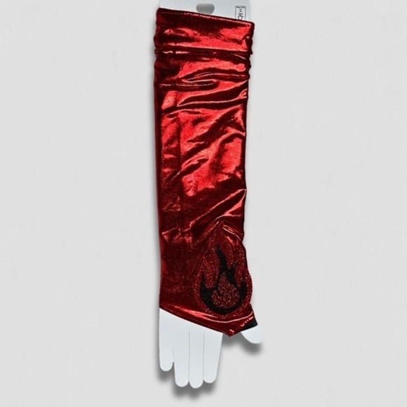 NIB Glossy Satin Fingerless Gloves Flame Graphic Costume Stretchy Fit Red OS - Picture 1 of 2